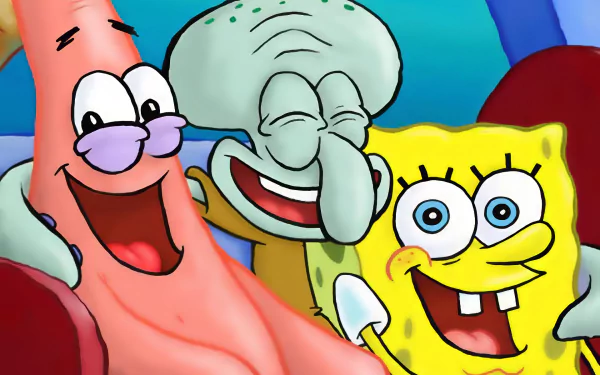 A colorful HD desktop wallpaper featuring characters from *SpongeBob SquarePants*: Patrick Star, Squidward Tentacles, and SpongeBob, all sharing a joyful moment together.