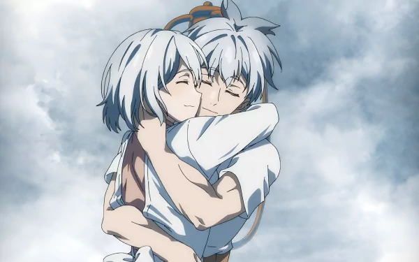 Anime-style 4K Ultra HD wallpaper from Grandpa and Grandma Turn Young Again by Ine Saitou and Seizou Saitou, depicting two youthful characters embracing joyfully.