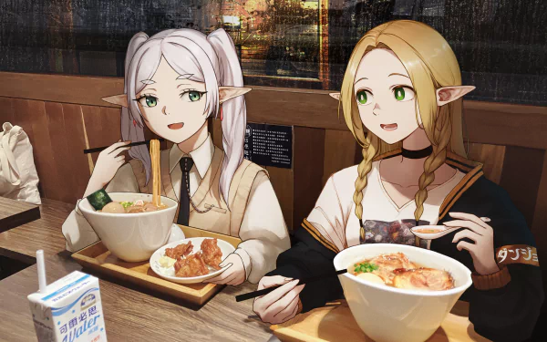 Anime crossover featuring elf characters from Frieren: Beyond Journey's End and Marcille Donato enjoying a meal together, showcased in 4K Ultra HD for PC desktop wallpaper.