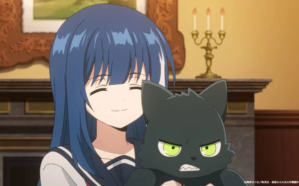 HD Anime wallpaper from Mission: Yozakura Family featuring a smiling girl with blue hair and a grumpy black cat in a cozy room setting.