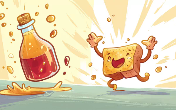 A cheerful slice of toast joyfully runs as syrup splashes around in this vibrant HD illustration, capturing a happy and playful breakfast scene.