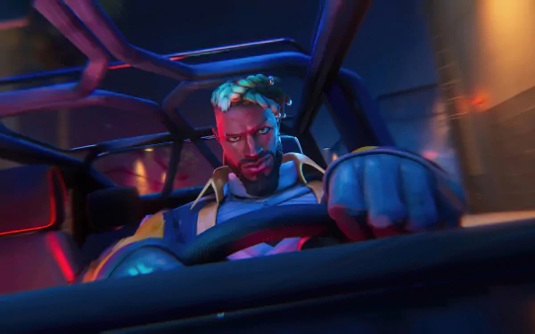 HD wallpaper featuring K'Sante from League of Legends, gripping the steering wheel of a car with determination, set against a vibrant, dynamic background.