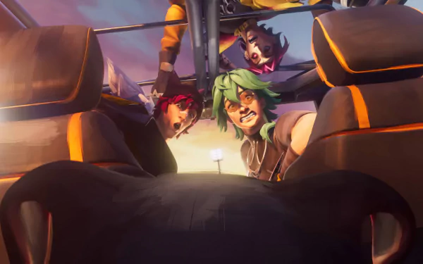 HD wallpaper featuring characters from League of Legends: Ezreal, Sett, and Kayn, with dynamic angles and vibrant colors, capturing an engaging moment in a vehicle setting.