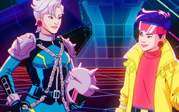 HD desktop wallpaper featuring Jubilee from X-Men '97 in a vibrant animated style, set against a futuristic backdrop.