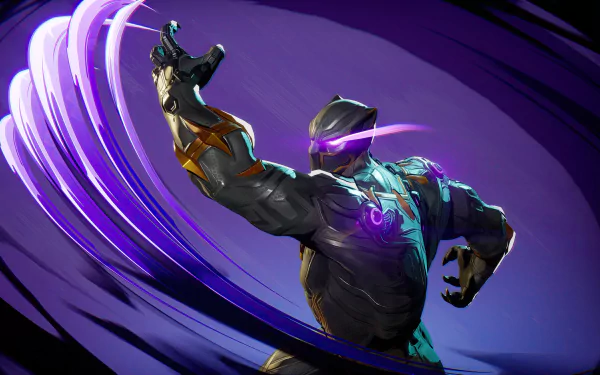 HD wallpaper of Black Panther from Marvel Rivals video game with dynamic pose and vibrant purple action streaks in the background.
