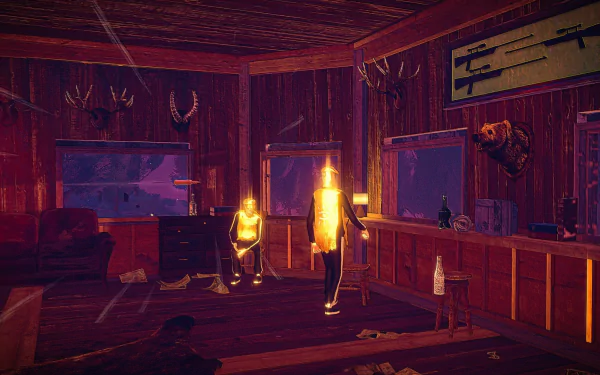 HD wallpaper of Children of the Sun video game featuring illuminated characters in a cabin interior.