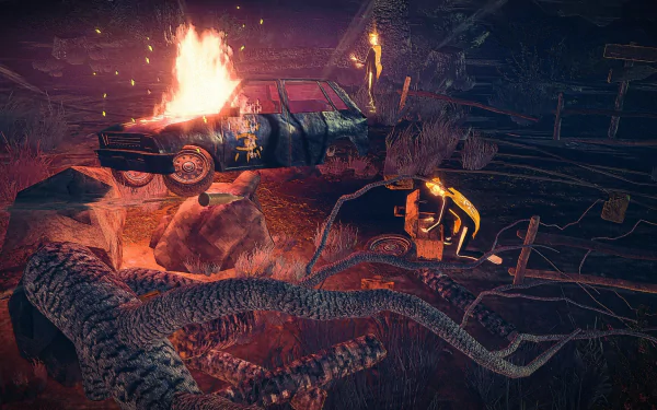 HD desktop wallpaper featuring a dramatic scene from the video game Children of the Sun with a fiery car and a character in a dystopian setting.
