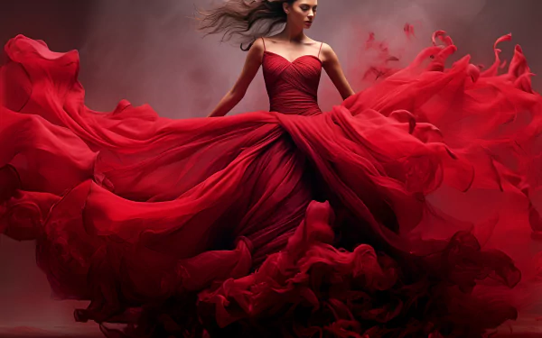 A high-definition desktop wallpaper featuring a woman in a flowing red dress creating a stunning red aesthetic.