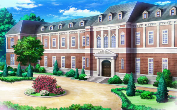 A detailed HD wallpaper featuring a grand mansion surrounded by lush greenery, inspired by the anime Vampire Dormitory. The elegant architecture adds a gothic charm to the scene.