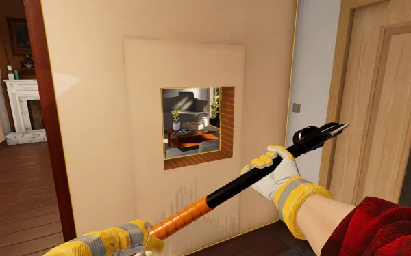HD desktop wallpaper featuring a first-person view of a home renovation scene in House Flipper 2 video game.