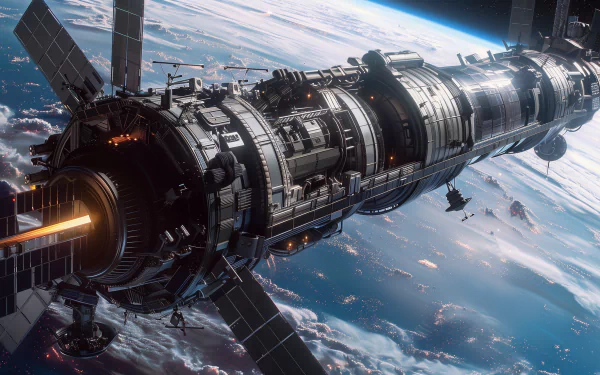 HD wallpaper of an artist's rendition of the International Space Station with a detailed view of its modules and solar panels set against the backdrop of Earth from orbit.