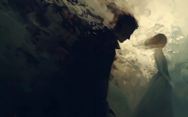 A poignant HD desktop wallpaper featuring an artistic depiction of a silhouette of a person facing away, symbolizing heartbreak, with a subdued and abstract background conveying a sense of loss and love.
