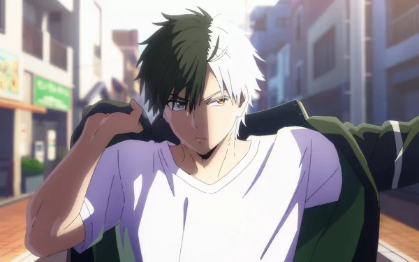 HD anime desktop wallpaper featuring Haruka Sakura from Wind Breaker, depicted walking confidently through a sunlit urban street with a jacket slung over his shoulders.