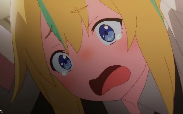 Anime character with blond hair and blue eyes showing a surprised expression, from Jellyfish Can’t Swim in the Night series, suitable as an HD desktop wallpaper.