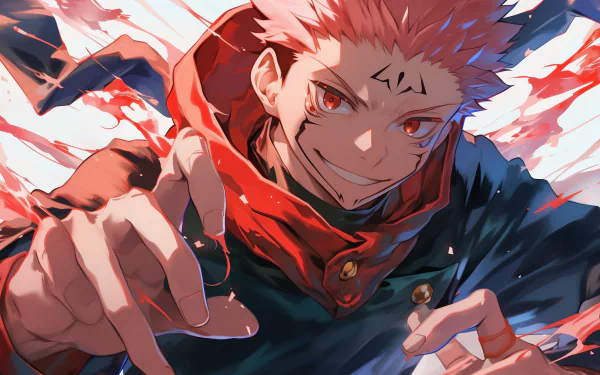HD desktop wallpaper featuring Sukuna from Jujutsu Kaisen anime with dynamic red and blue hues, showcasing the character's menacing smile and intense gaze.