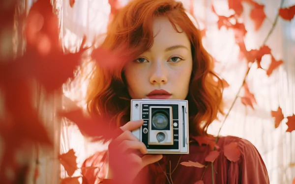 A woman with red hair holds a vintage camera, surrounded by vibrant red leaves. This HD desktop wallpaper captures a striking red aesthetic, blending nature and nostalgia.