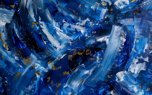 HD desktop wallpaper featuring an abstract painting with swirling blue and white brush strokes accented by touches of gold paint.