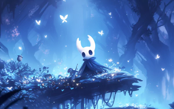 HD desktop wallpaper featuring the character from the video game Hollow Knight, surrounded by a mystical blue forest with glowing particles and butterflies.