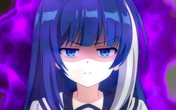 HD anime desktop wallpaper featuring Mutsumi Yozakura from Mission: Yozakura Family with intense blue eyes and dark purple aura background.