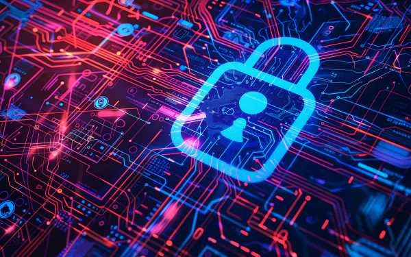 HD desktop wallpaper featuring a glowing padlock symbol over a complex circuit board background, representing cybersecurity and password protection technology.