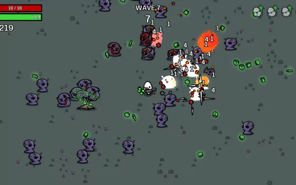 HD desktop wallpaper featuring a scene from the video game Brotato with a character battling against waves of alien monsters, displaying action and in-game stats.