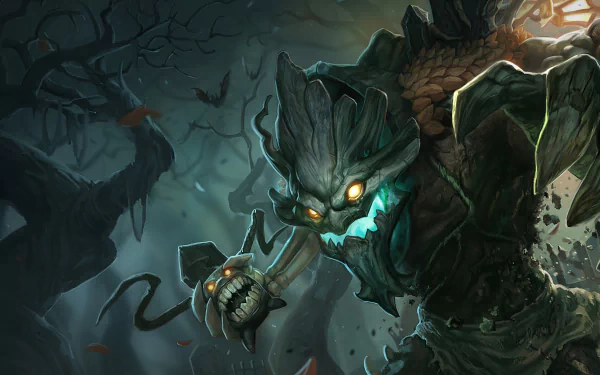 HD desktop wallpaper depicting Maokai, the twisted treant champion from the video game League of Legends, set against a moody, forested backdrop.