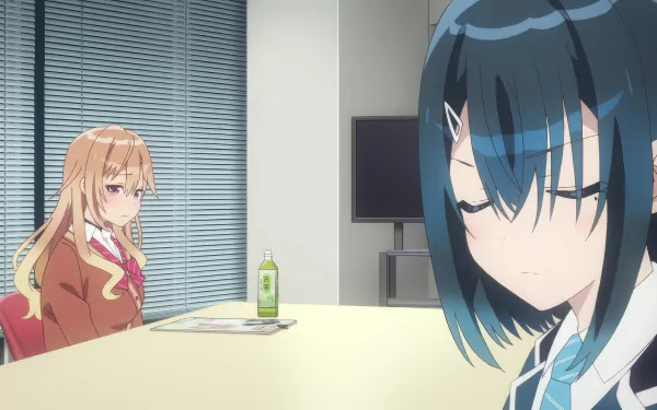 HD anime wallpaper featuring two characters from The Many Sides of Voice Actor Radio, sitting at a table in a room with a muted color palette.