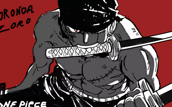 4K Ultra HD anime wallpaper featuring Roronoa Zoro from One Piece, showcasing his intense gaze and sword against a bold red background.