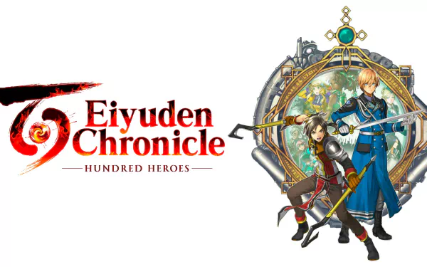 HD desktop wallpaper featuring characters from the video game Eiyuden Chronicle: Hundred Heroes, with a logo and artistic elements.