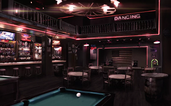 HD desktop wallpaper featuring an atmospheric interior scene from the video game Phantom Fury, showcasing a dimly lit bar with neon Dancing sign, pool table, and seating area.