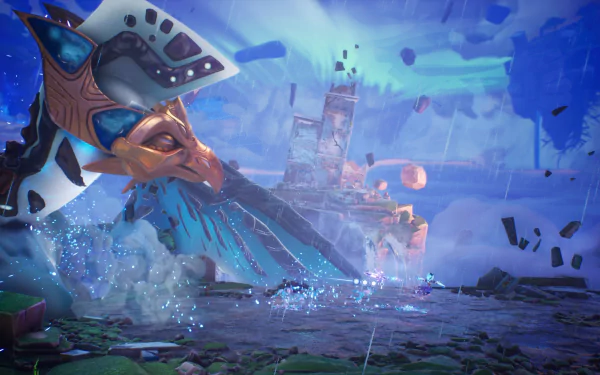HD wallpaper of a fantasy scene from the video game Tales Of Kenzera: Zau featuring a mystical creature overlooking a magical landscape with floating debris and a distant tower under a surreal sky.