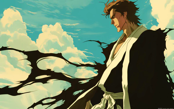 HD desktop wallpaper featuring Sōsuke Aizen from the anime Bleach, standing confidently against a backdrop of blue sky and fluffy clouds, with a stylized tree silhouette in the foreground.