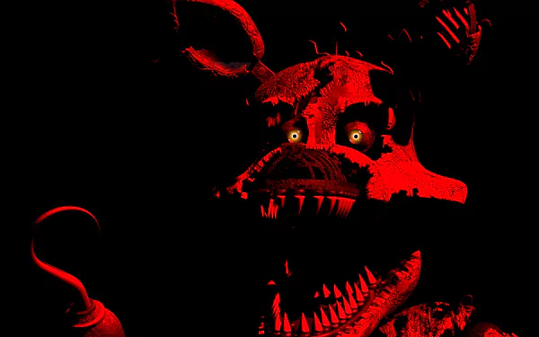 Red-lit nightmarish Foxy animatronic with glowing eyes and jagged teeth, Five Nights at Freddy's 4 / Five Nights at Freddy's 8K Ultra HD PC desktop wallpaper.