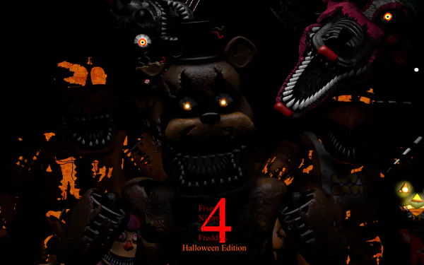 Five Nights at Freddy's 4 (Five Nights at Freddy's) HD PC wallpaper: shadowed, snarling animatronics with glowing eyes against a Halloween-themed background.
