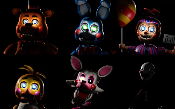8K Ultra HD PC desktop wallpaper featuring animatronic characters from Five Nights at Freddy's and Five Nights At Freddy's 2 in a dark, eerie setting.
