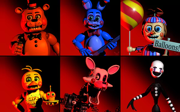 An 8K Ultra HD PC desktop wallpaper featuring six animatronic characters from Five Nights at Freddy's 2, showcased against a dark red background.
