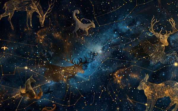 HD wallpaper depicting various zodiac constellations with symbolic illustrations against a starry space background.
