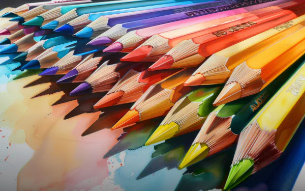A vibrant array of colored pencils arranged in a row, with their points creating a colorful spectrum, suitable as a high-definition desktop wallpaper or background.