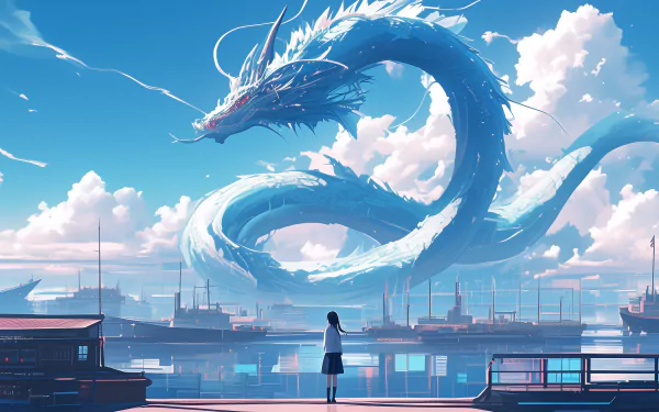 A serene anime-style HD wallpaper featuring a person staring at a majestic blue dragon swirling in the sky above a coastal cityscape.