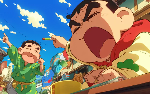 HD desktop wallpaper featuring characters from the anime Crayon Shin-chan, with Shin-chan in the foreground holding a toy gun, and an adult character shouting beside him against a festive backdrop.