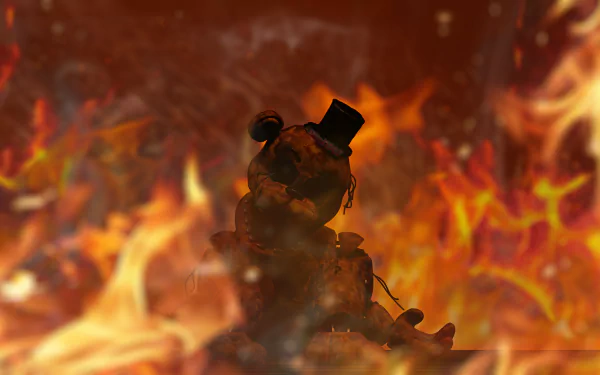 Scorched, shadowy animatronic from Five Nights At Freddy's 2 rising through flames — dramatic 8K Ultra HD PC desktop wallpaper/background inspired by Five Nights at Freddy's.