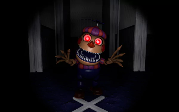 HD PC desktop wallpaper featuring a creepy animatronic with glowing red eyes from Five Nights at Freddy's 4, set in a dark, eerie hallway environment.