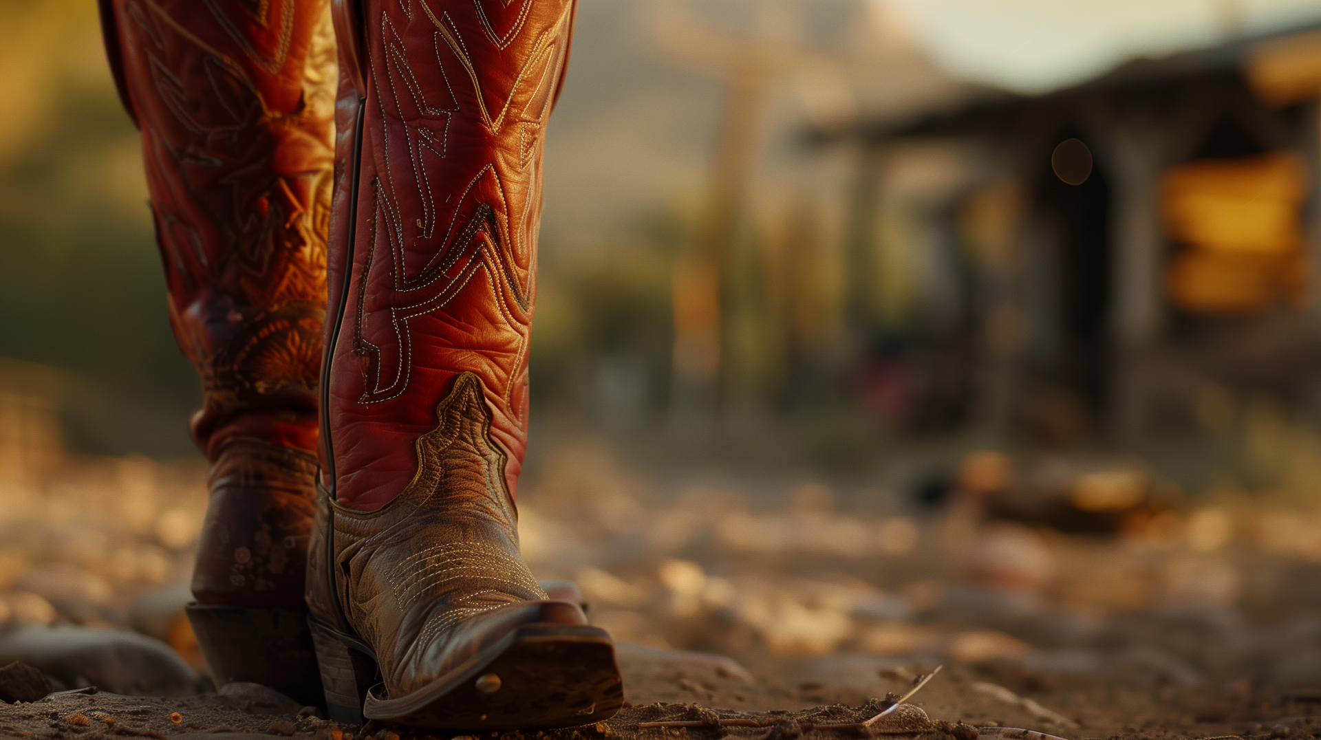 A close-up HD wallpaper of worn red cowboy boots on a dusty ground with a soft focus background suggesting a rural setting.
