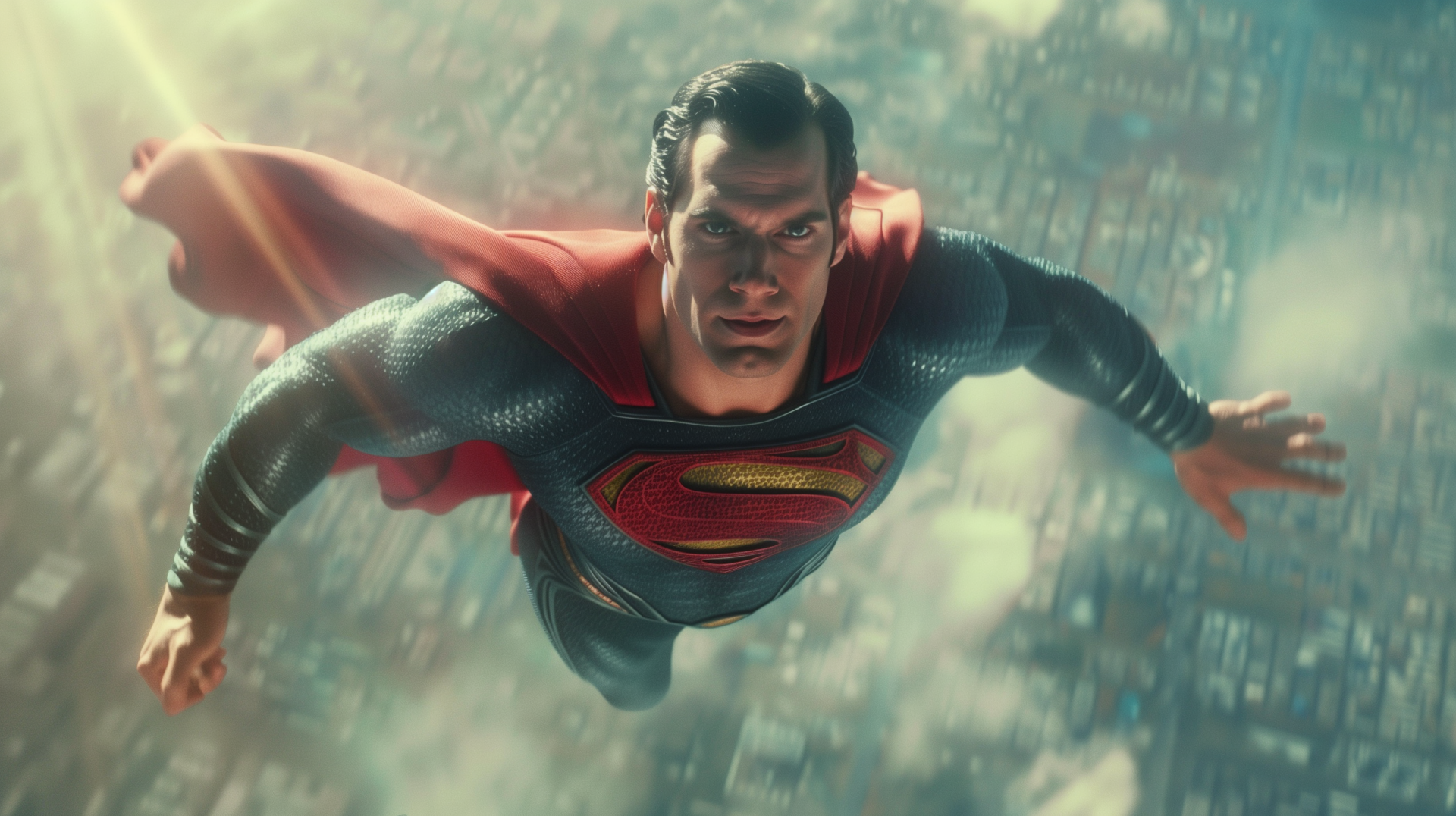 HD wallpaper of a superhero character resembling Superman flying above a cityscape, with detailed costume design and dynamic lighting.