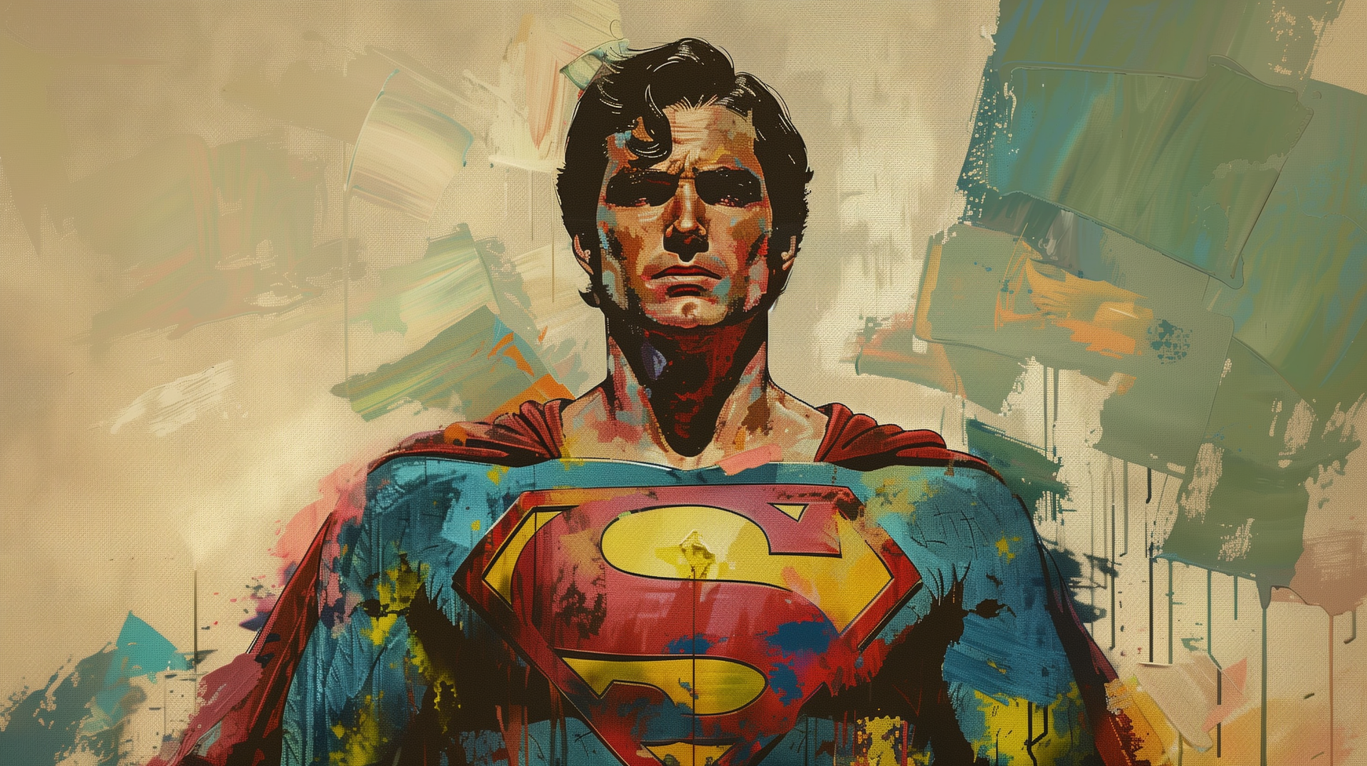 HD desktop wallpaper featuring an artistic, painted rendition of Superman, striking a heroic pose with a stylized comic book aesthetic in the background.