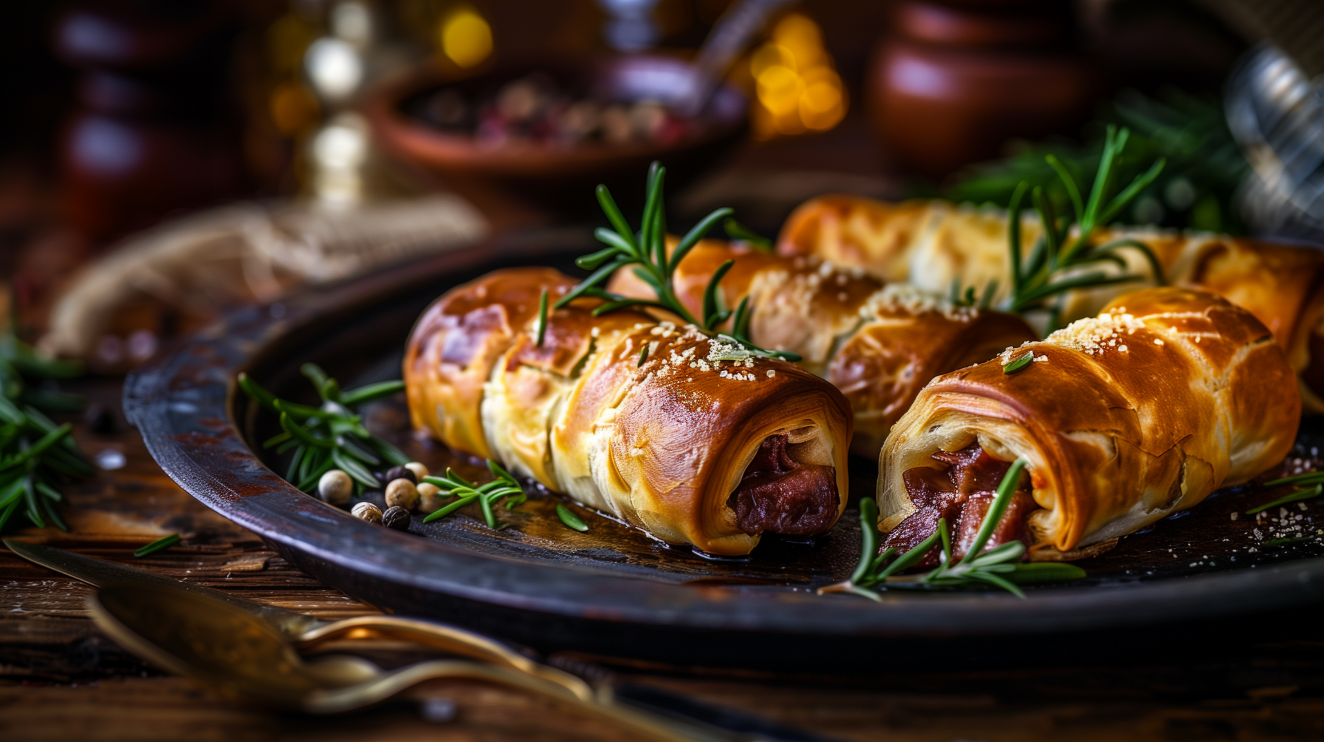 HD desktop wallpaper featuring a tantalizing close-up of golden pigs in a blanket garnished with rosemary and sesame seeds, set on a rustic dining table.