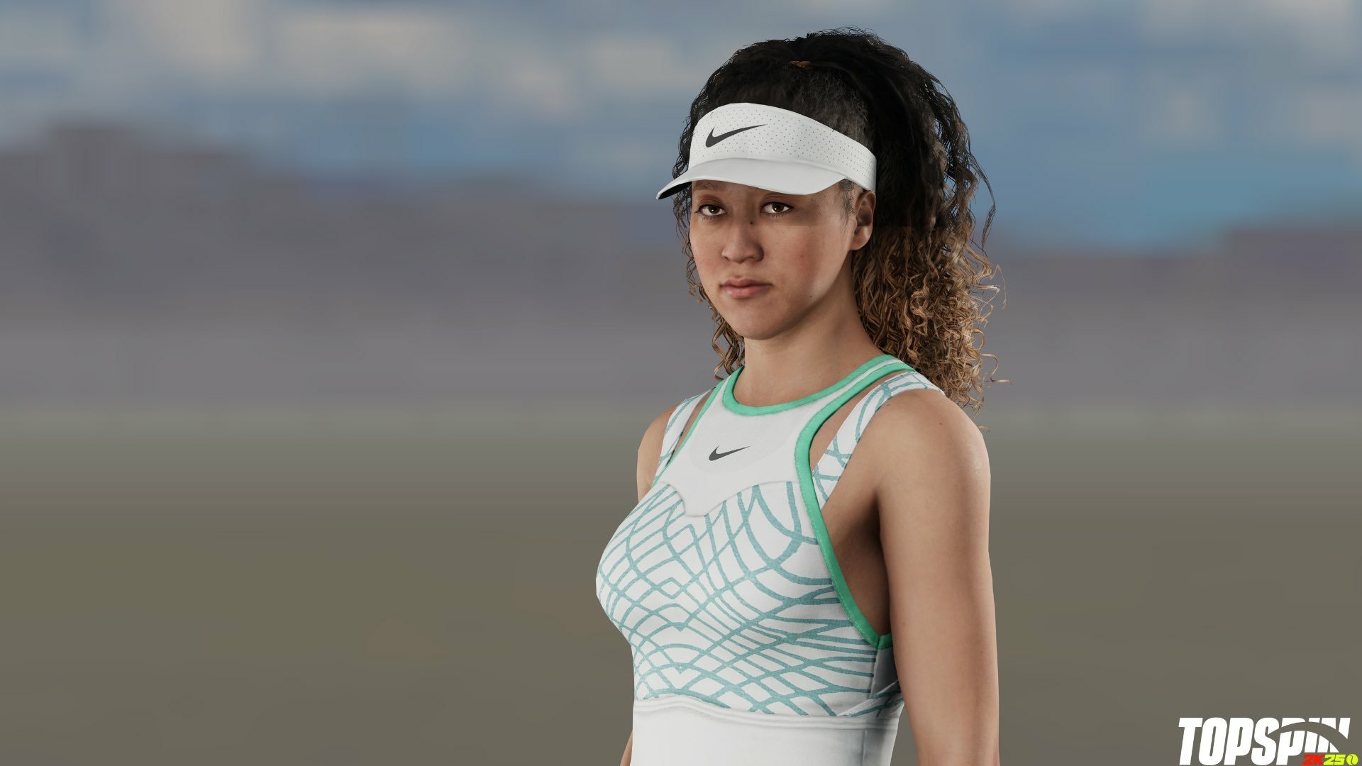 HD wallpaper from TopSpin 2K25 featuring a female tennis player in sportswear and visor, set against a subtle gradient background.