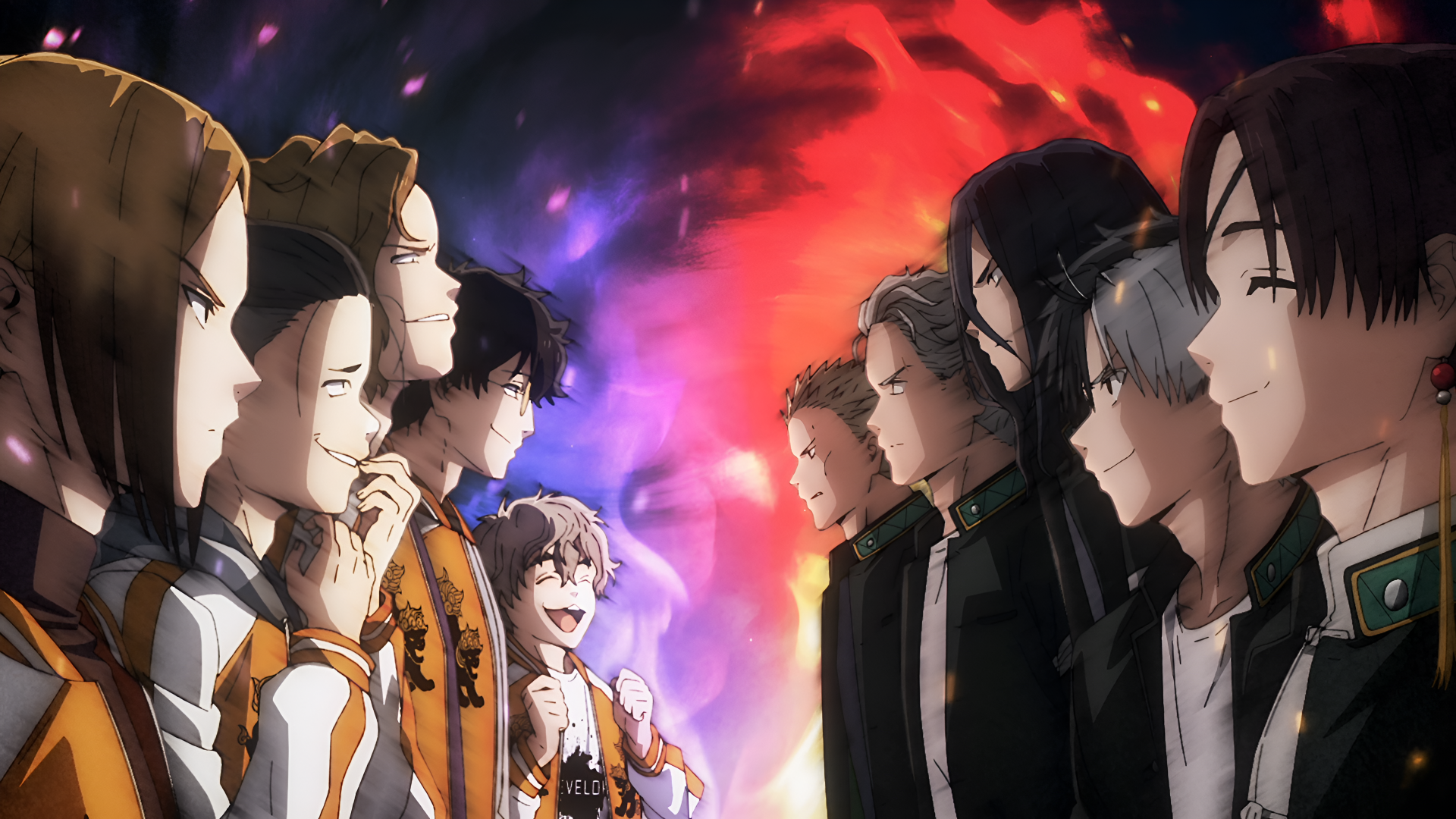 Anime-style Wind Breaker characters face each other amid vibrant fiery and blue energy, rendered in stunning 4K Ultra HD for a dynamic PC desktop wallpaper.