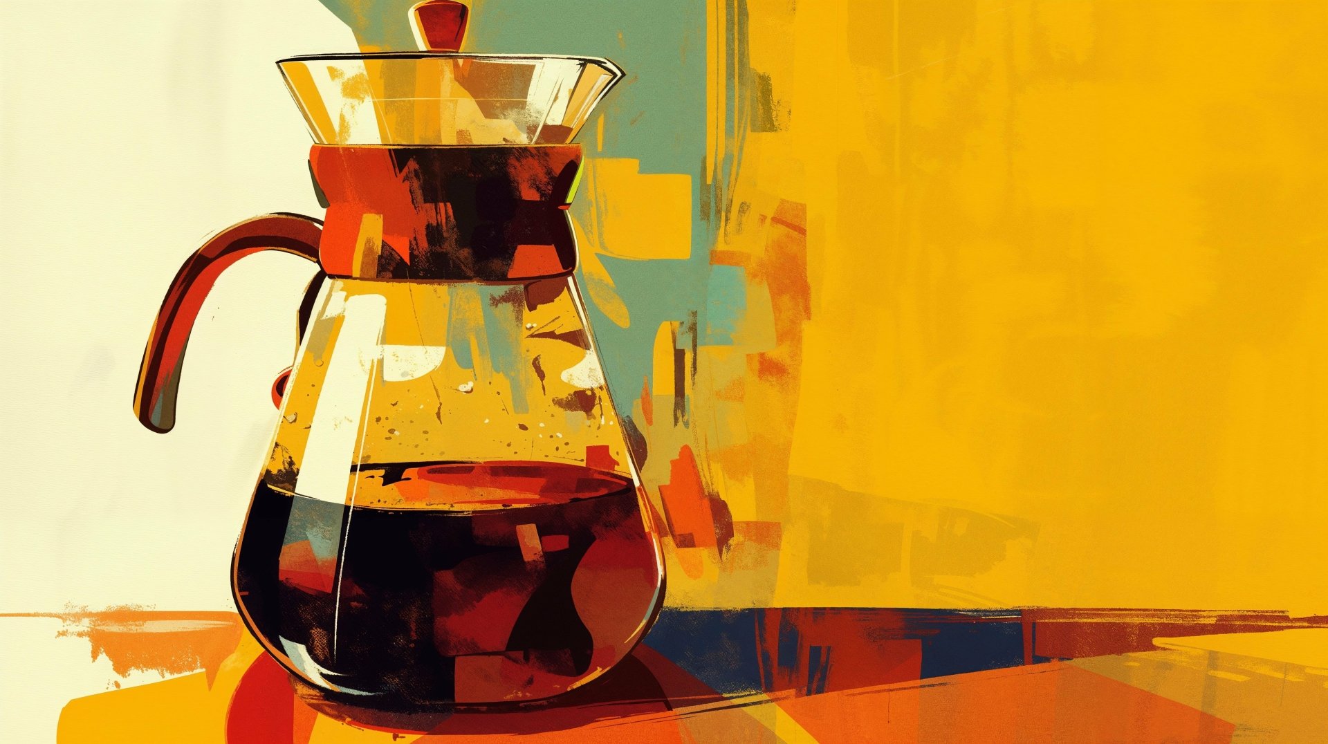 Artistic HD desktop wallpaper featuring a stylized coffee pot against a vibrant, abstract yellow and orange background.