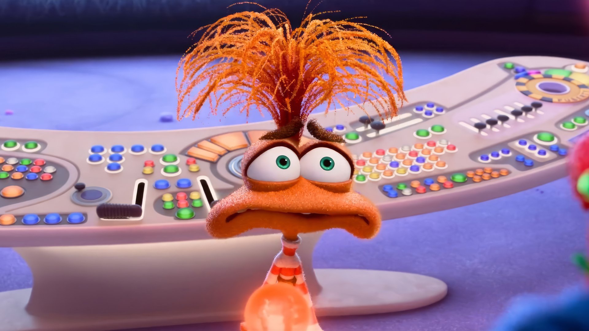 HD desktop wallpaper featuring Anxiety, a character from Inside Out 2, in front of a colorful control panel.